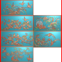 Fine carved picture four seasons flowers and birds plum orchid bamboo chrysanthemum peony flower lotus Mandarin duck horizontal cabinet door panel railing carving drawing