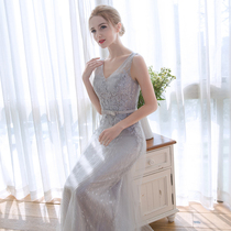 Bride annual meeting dress 20 spring and summer new one-shoulder gray dress long wedding evening dress long dress bridesmaid dress