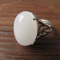 Hetian jade white jade ring 925 inlaid Xinjiang Kunlun white jade egg noodles ring