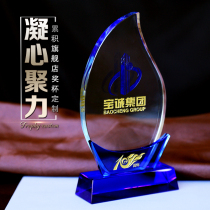 Crystal trophy medal lettering custom blue crystal medal authorization card leaf water drop environmental protection business gift