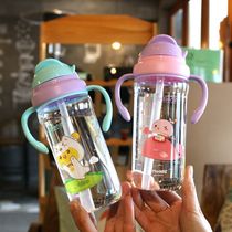 Cartoon cute kindergarten plastic straw cup with straw double handle Infant baby learning drinking cup Drop-proof water cup