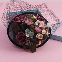 Studio photo shoot Sen Korean bride Black retro mesh top hat Headdress Head flower hair accessories Dress with accessories