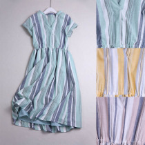 S124D 0710 generous and elegant small upright collar tightness high waist collision color vertical striped dress dress