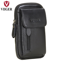 Mens head layer of cow leather wearing leather strap mobile phone pocket genuine leather single shoulder bag inclined cross small satchel multifunction hanging bag 7 inches