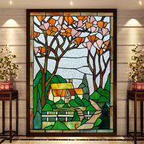 Customized porch partition screen wall lamp aisle ceiling solid wood moving doors and windows church colored art glass