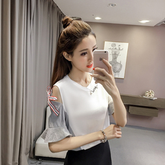 2017夏季女装新款韩版条纹系拼接上衣刺绣荷叶袖短袖露肩T恤小衫