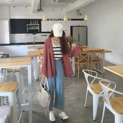 实拍 2017韩版新款纯色雪纺皱褶V领宽松长袖开衫