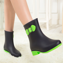 Han Prints Spring Summer Fashion style Rain Shoes Middle Barrel Fashion Women Style Rain Boots Non-slip Water Shoes Flat Heel Butterfly Knot Rain Shoes Cover Shoes