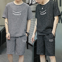 夏季短袖t恤休闲套装男韩版打底衫短裤青年仿麻两件套 B891