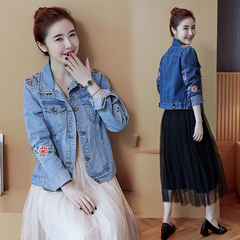 实拍-春季新款韩版花朵刺绣牛仔外套女短款修身长袖牛仔
