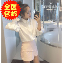 2021 new Korean version Fashion loose Thin 100 Lapped Bubble Sleeves Shirt Long Sleeve College Wind White Shirt Woman