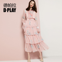 DPLAY de para early spring European and American Pink Print multi-layer ruffled Super fairy ins dress waist chiffon dress