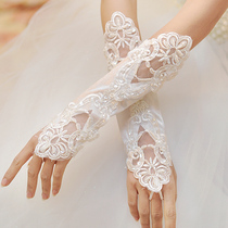 Korean Bridal Gloves White Wedding Wedding long Lace Embroidered Nail Pearl Dew finger wedding glove red