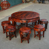 (Yunlai) Laos big red sour Branch Plum Blossom table chair nine-piece combination round hollow carving drum table