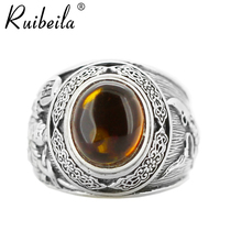 ruibeila Thai silver inlaid amber stone ring mens retro 925 silver ring personality food finger ring big treasure Stone