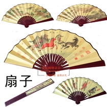 Chinese style 10 inch male fan Ancient style carving daily fan Craft gift large silk fan Stage performance traitor fan