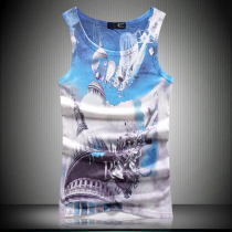 Summer thin blue sky printed mercerized cotton vest men slim breathable beach undershirt vintage sleeveless waistcoat