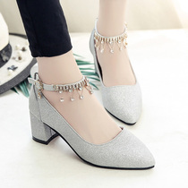 Coarse heel single shoes women 2020 Spring New pointed women shoes fairy high heels students Joker bridesmaid shoes