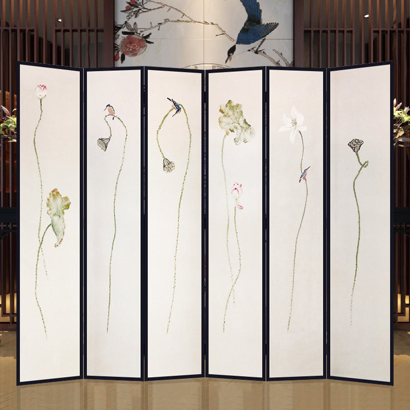 新中式手绘荷叶屏风隔断时尚客厅折屏座屏酒店办公室现代古典屏风