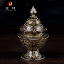 Pure copper rice box Nepal Buddhist supplies Buddha repair grain special red copper gold-plated carved tantric Buddhism supply 17cm high