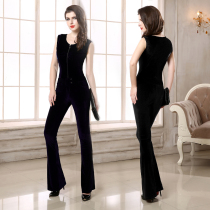 Lan Kwai Fong Autumn and Winter Sleeveless stretch velvet Jumpsuit Slim Zipper Black and blue 2-color casual wide-legged pants