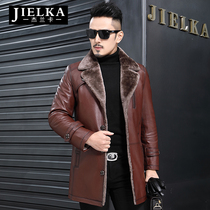 New Haining fur one long sheep leather leather mens wool suit lapel winter thick coat
