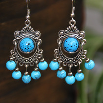 Original jewelry handmade Yunnan ethnic minority style Miao silver turquoise earrings earrings women womens leisure style
