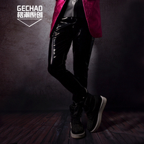 Bar nightclub DJDS stage outfit black PU patent leather slim pants hairdresser rock big singer costume