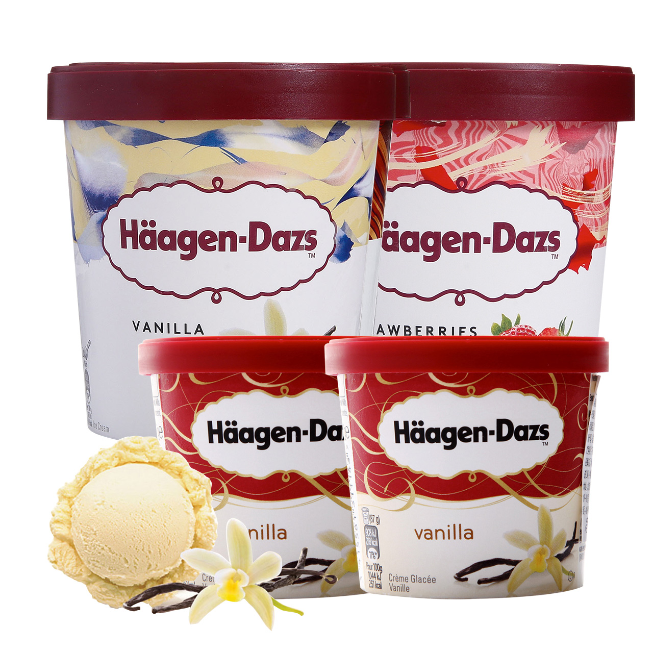 哈根达斯冰淇淋4杯组合430g*2杯 87g*2杯香草 草莓口味冰激凌