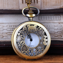 Large fine chain bronze hollow cub retro quartz pocket watch inside white face black iron tower pocket watch 8860