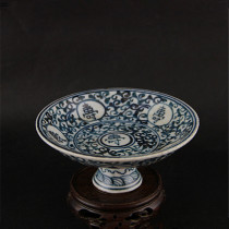 Handmade Ming blue and white longevity word high foot plate fruit plate Jingdezhen old antique porcelain antique vintage household porcelain