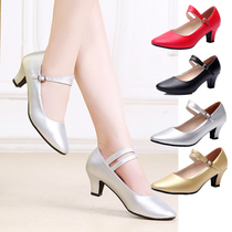 Square Dancing Shoes Genuine Leather Silver coarse heel Single shoes female Latin dance shoes Dancing Shoes Ballroom Dancing Shoes ladies Four Seasons