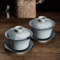 Wooden fish antique hand-painted blue and white hibiscus bowl Jingdezhen blue and white porcelain ceramic three Cai tea bowl kung fu tea set
