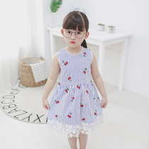PEPL Children Baby childrens clothing summer new girl Korean version cotton vest dress cherry print striped dress