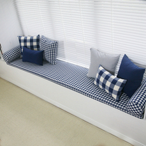 Custom-made Mediterranean style dark blue plaid bay window mat Autumn and Winter windowsill mat shoe cabinet mat sponge mat custom-made