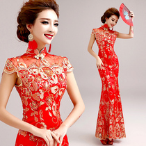 Red lace short sleeve bridal fishtail cheongsam dress long wedding toast clothing wholesale New 9252 Spring