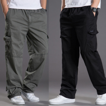 Fat plus pants Male fat slacks spring and summer elastic waist pants High waist multi-pocket overalls Thin fat pants
