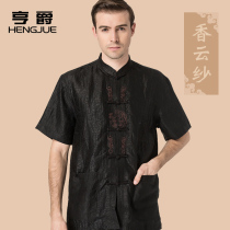 Xiangyun yarn mulberry silk middle-aged and elderly Tang suit mens short sleeve loose large size father half sleeve grandfather shirt mens summer
