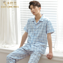Many beautiful short-sleeved trousers cotton mens pajamas set summer thin plaid size summer cotton home wear
