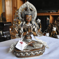 Tibetan Buddhism Nepal copper gilt silver four-armed Guanyin Buddha statue one foot high