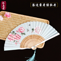 He Fan Hall fan Lady folding fan gift fan Hangzhou craft fan silk lacquer edge peony fan