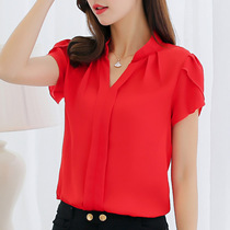 Short sleeve chiffon shirt female summer 2021 New Tide Korean slim slim shirt fashion v neck casual Joker top