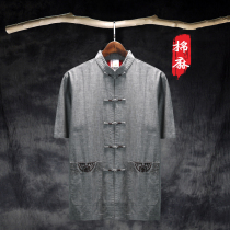 Mas high-grade linen Tang dress mens short-sleeved summer dress Chinese casual large size Tang dress cotton and hemp mens top