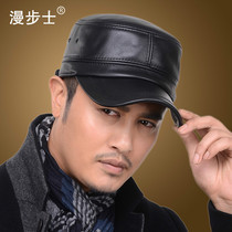 Middle-aged old man hat leather hat Mens autumn and winter sheepskin flat top hat male dad casual plus cotton military hat