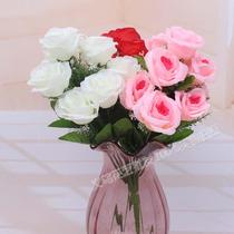 Emulated rose flower fake flower dew water pearl wedding celebration furniture decoration flower 9 head manufacturer