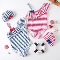 New girls and childrens swimsuit one-piece striped little star navy style small fresh princess baby holiday swimsuit