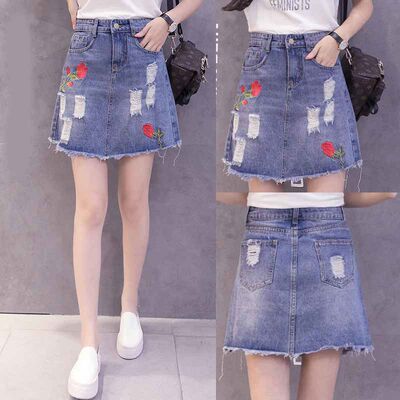 大码a字裙女2018夏装新款200斤胖mm显瘦玫瑰刺绣破洞毛边牛仔短裙_7折