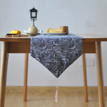 Japanese style Traditional Qinghai wave wave pattern Dark blue geometric pattern Cotton and linen tablecloth decorative fabric