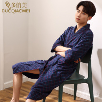 Seven-point sleeve bathrobe mens robe autumn short-sleeved bathrobe thin summer plus size plaid pajamas cotton morning gown