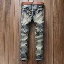 Tide brand splicing personality retro hole jeans men do old slim straight tube Japanese patch beggar trousers